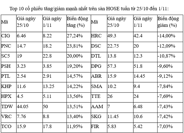 Top 10 cổ phiếu tăng/giảm mạnh nhất tuần: Các mã nhỏ thêm một tuần nổi sóng